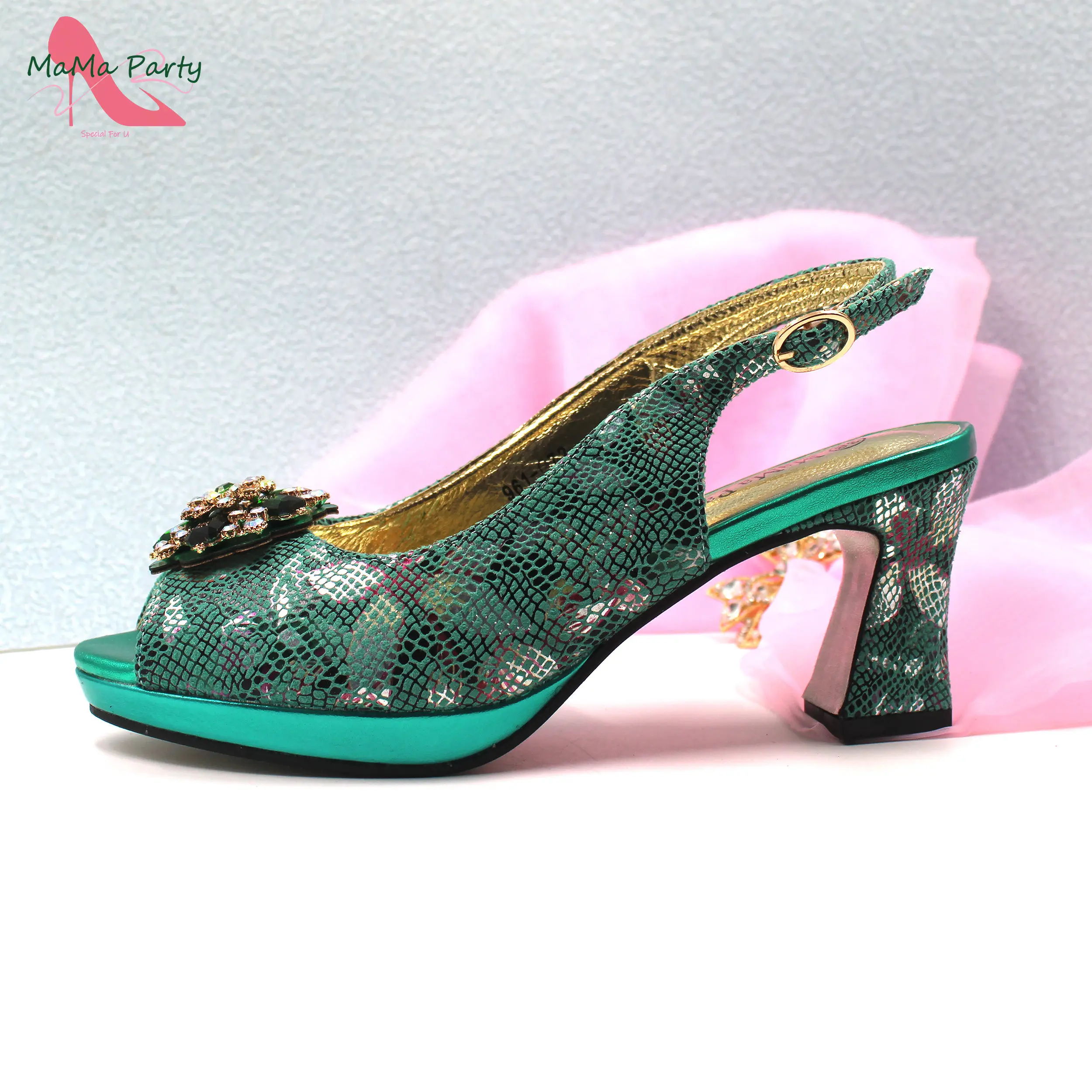 Comfortable Heels High Quality Peep Toe Italian Women Shoes Matching Bag Set in Green Color for Wedding Party