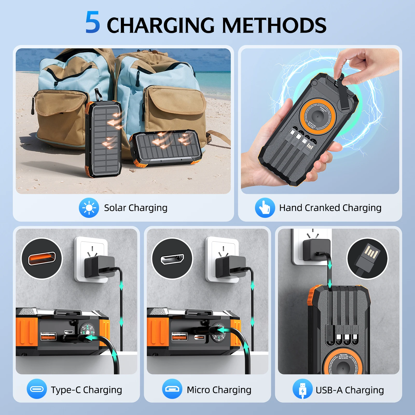 Power Bank Solare a Manovella 50000mAh, Batteria Esterna Portatile di Emergenza, 4 Cavi, Bussola e Luce Radio SOS, Ideale per Campeggio - Image 2
