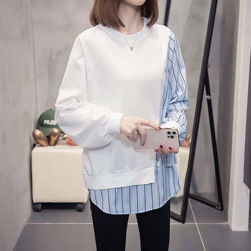 라운드 넥 페이크 투피스 패널 대비 색상, 다용도 루즈 레이스업, 캐주얼 스타일, 긴팔 여성 상의, 가을 패션 트렌드