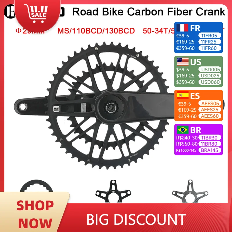 Carbon Fiber Crank Road Bike 29MM 11/12 Speed 50-34/52-36/53-39T MS Direct Mount/110/130BCD Bicycle Crankset Chainring RIRO bicycle parts