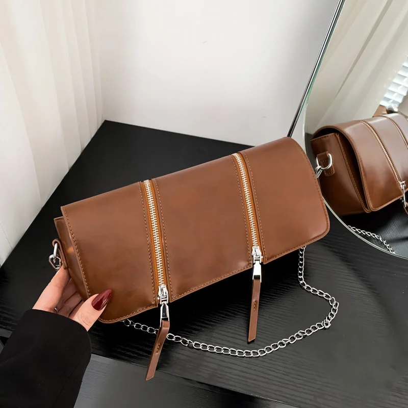 

Retro Women's Shoulder Bag 2024 Spring New Versatile Double Zipper Small Square Bag Simple Casual Crossbody Chain Handbags