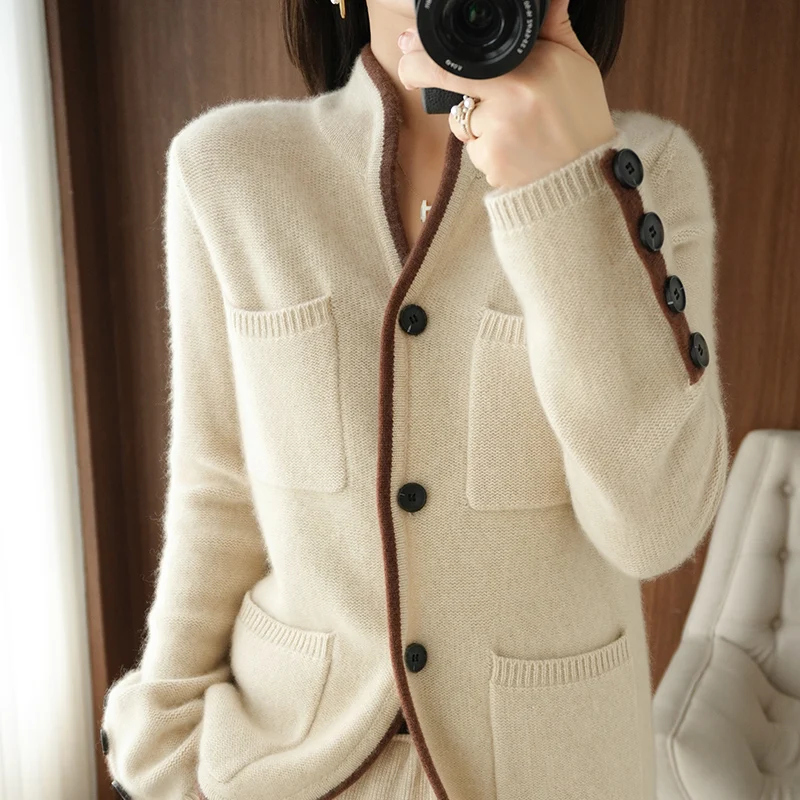 

100% pure wool sweater autumn and winter new women's stand-up cardigan casual knit top Korean high-end fashion women's coat.