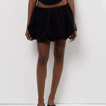 Women Y2K Bubble Mini Skirt High Waist Ruffle Hem A Line Pleated Mini Short Skirt Puffy Flared Skirts