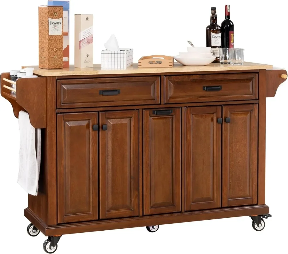 Rolling Kitchen Island Table on Wheels with Wood Top, Kitchen Island Cart with 4-Doors Storage Cabinet, 3-Drawers, Side Rack