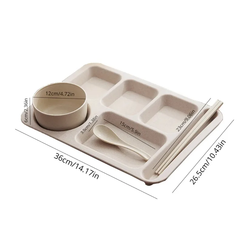 Wheat Straw Restaurant Dining Tray Split Plate Home Dining Tray Adult Fast Food School Hotel Large Capacity Five-grid