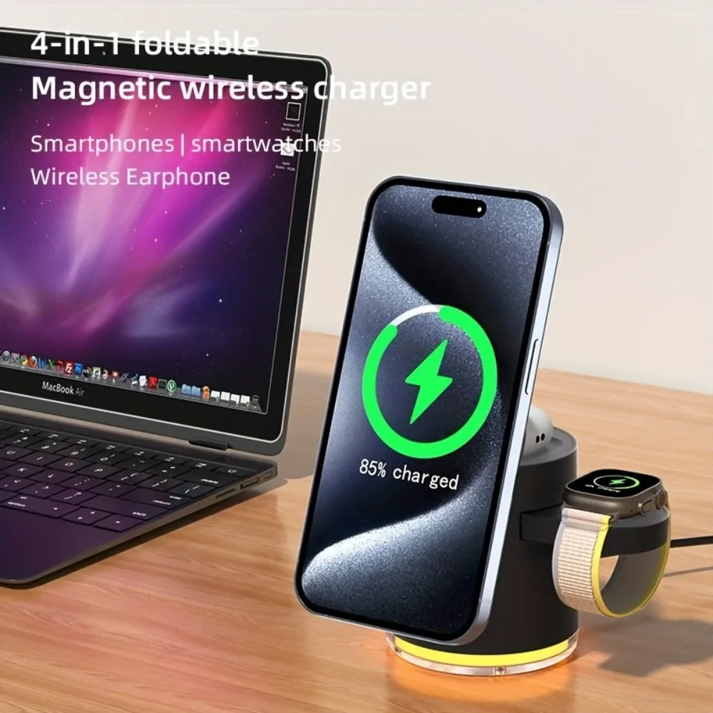 4 in 1 Foldable Fast Charging Station Qi2 15W Magnetic Wireless Charger for Magsafe iPhone16/15/14/13/12 Apple Watch AirPods Pro