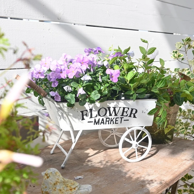 Vintage Wrought Iron Handcart Planter Unique Garden Storage Flower Pot Outdoor Decorative Ornament Courtyard Patio Yard Decor