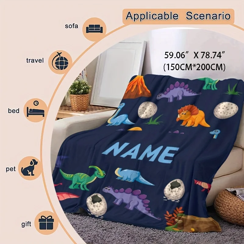 1pc Personalized Name Custom Dinosaur Pattern Blanket, Soft Plush Throw, Customizable Decor, Ideal For Bedroom And Playroom 6
