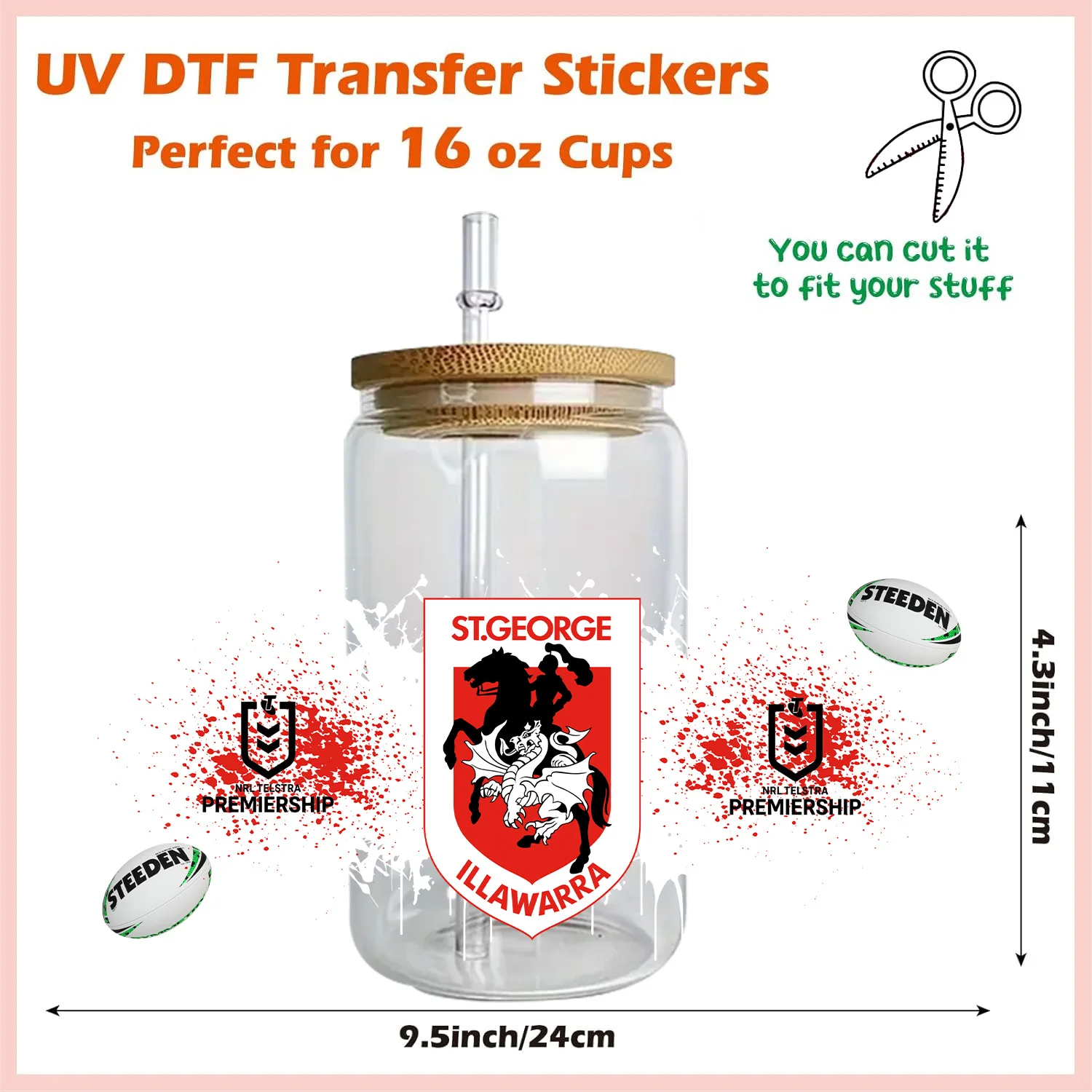 Football team peel waterproof DIY Decals 3D transfers uvdtf crystal stickers 16oz uv dtf cup wraps for Libbey Glasses