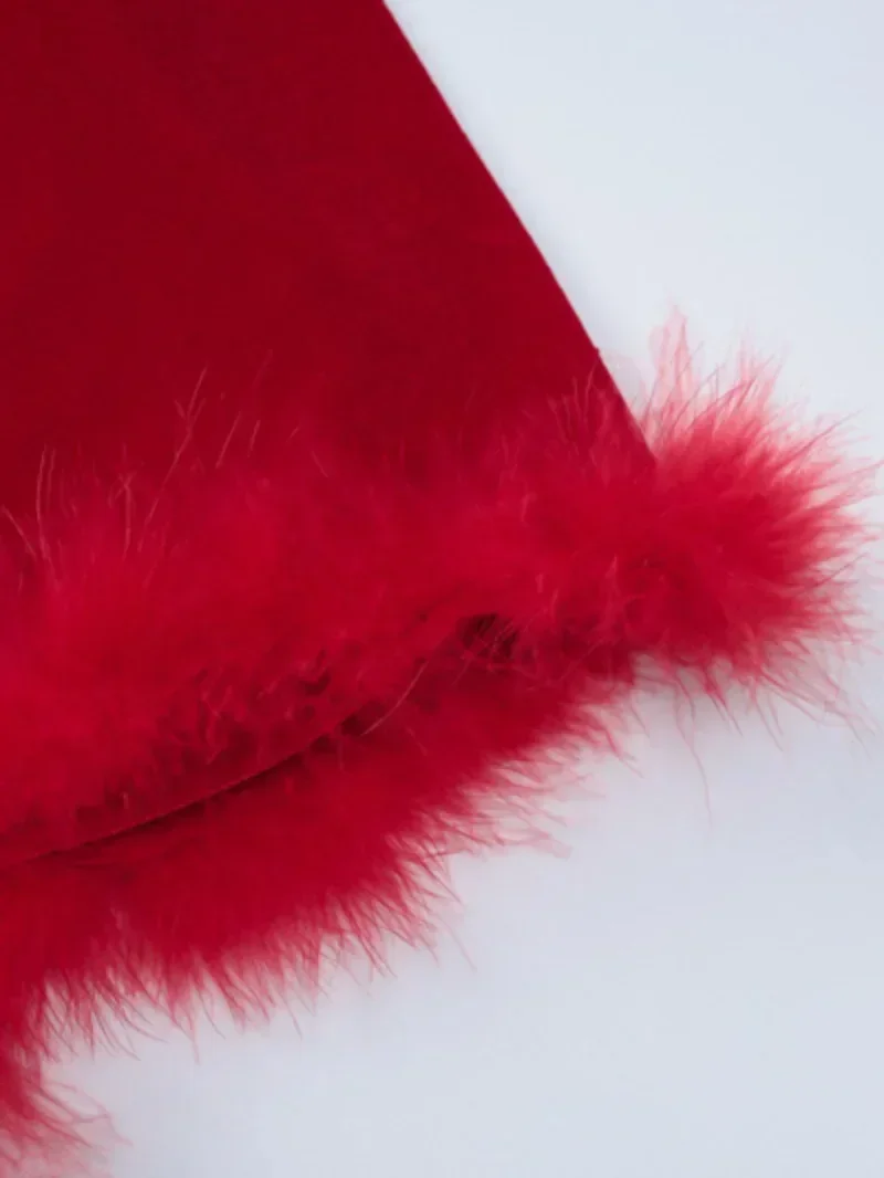 2024 Sexy Fur Patchwork Two Piece Velvet Dress Sets for Women Red Black Long Sleeve Cropped T-shirt and High Waist Skirt Suit