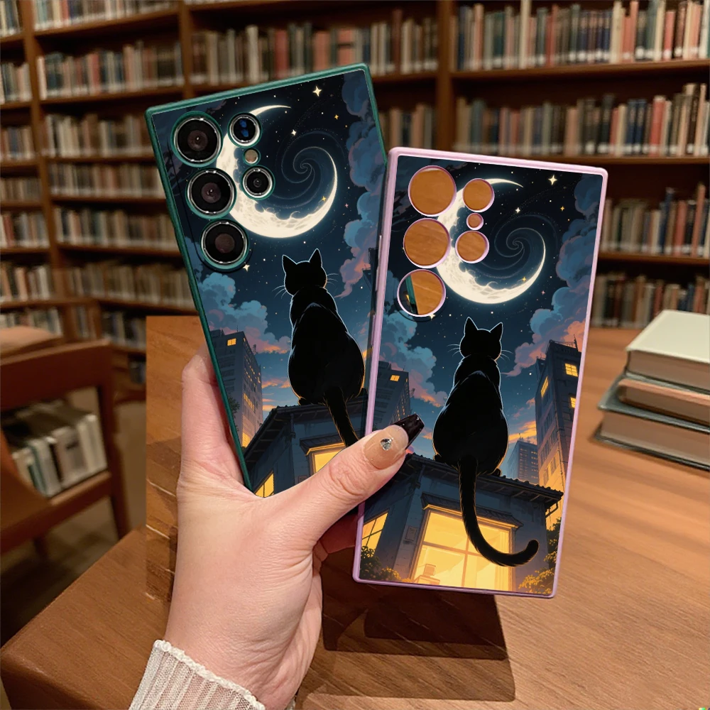 Elegant Black Cat and Moon TPU Slim Fit Shockproof Phone Case