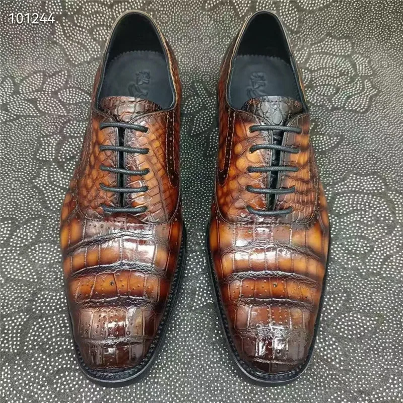 

Authentic Real Crocodile Skin Hand Painted Men's Lace-up Dress Shoes Genuine Exotic Alligator Leather Male Fancy Brogue Oxfords