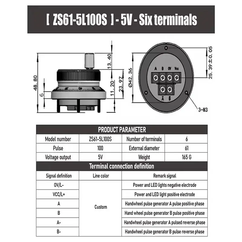AA81-5V 6단자 CNC 수동 펄스 발생기, 80mm 핸들이 있는 100PPR 핸드휠 로터리 노브 엔코더