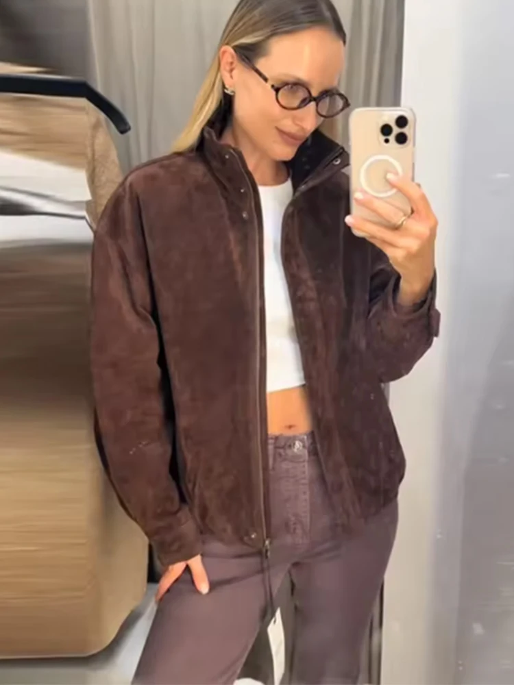 TFMLN Autumn Winter Women's Suede Jackets Fashion Loose Long Sleeves Elegant Warm Coat Chic Street Leisure Zipper Coats