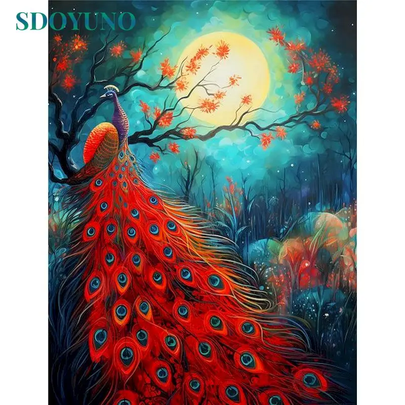 

SDOYUNO Painting By Number Peacock Animal Wall Art DIY Frame Pictures By Numbers Moon Acrylic Canvas Home Decoration 40x50cm
