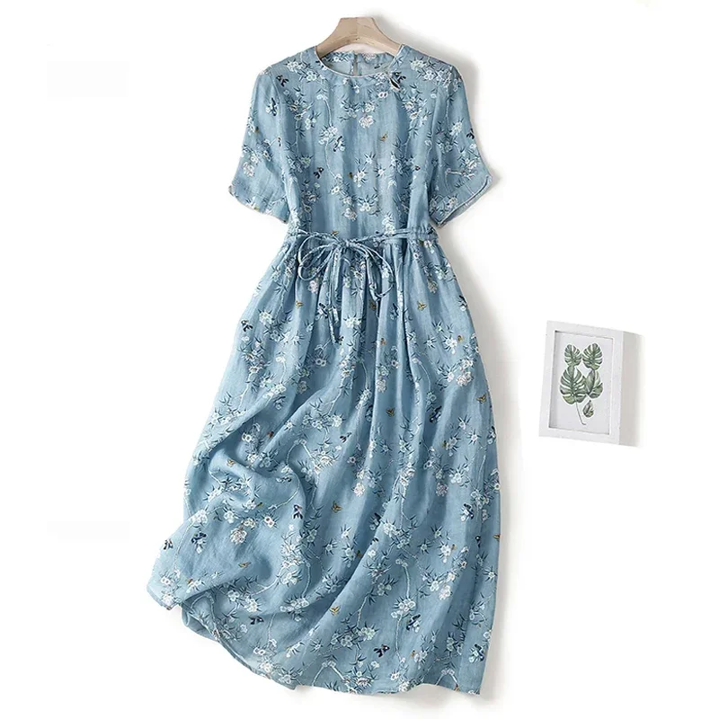 

Women Casual Dress 2024 Summer Simple Style All-Match Floral Print Loose Breathable Female A-Line Cotton Blended Dresses B291