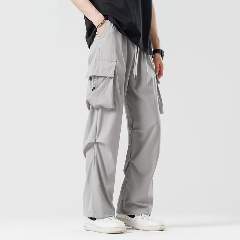 2024 New Spring/Summer Men's Solid Color Drawstring Pocket Elastic Waist Sports Unisex Outdoor Straight Leg Casual Cargo Pants