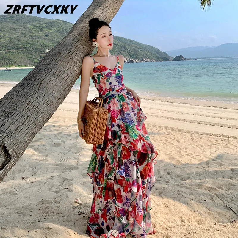 

2023 New Summer Backless Flower Print Long Dress Women's Elegant V-Neck Sling Dress Female Mid-Length Ruffle Beach Vacation Dres