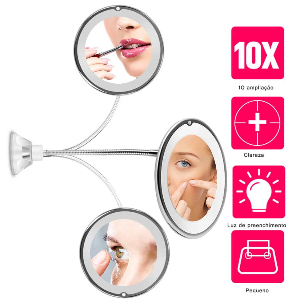 LED 조명이 있는 유연한 화장대 거울, 욕실 거울, 가정 및 여행용 360 도 회전, 10X 확대 흡입 거울