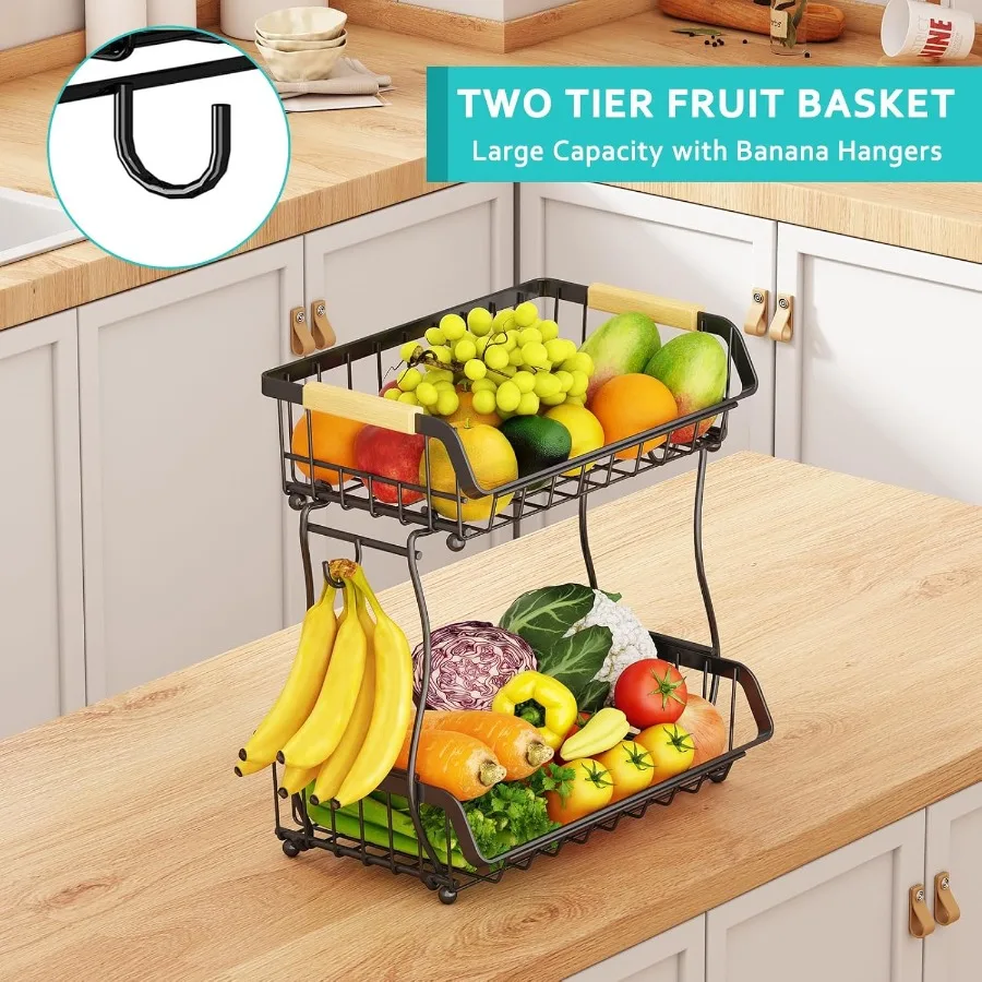2 Tier Fruit Basket with 2 Banana Hangers Detachable Countertop Fruit Bowls for Kitchen Counter Metal Wire Fruit Vegetable Stor