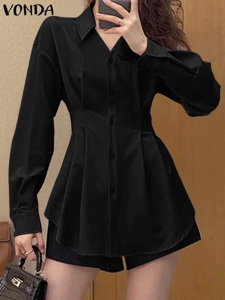 

VONDA Elegant Pleated Tunic Tops Office OL Style Shirts 2023 Women Long Sleeve Autumn Blouse Casual Button Party Blusas Feminina