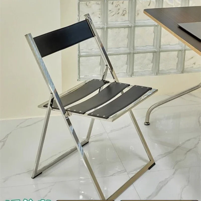Saddle Leather Dining Chair, Simple Stainless Steel Folding Chair for Home Use, Light Luxury Modern Restaurant Chair