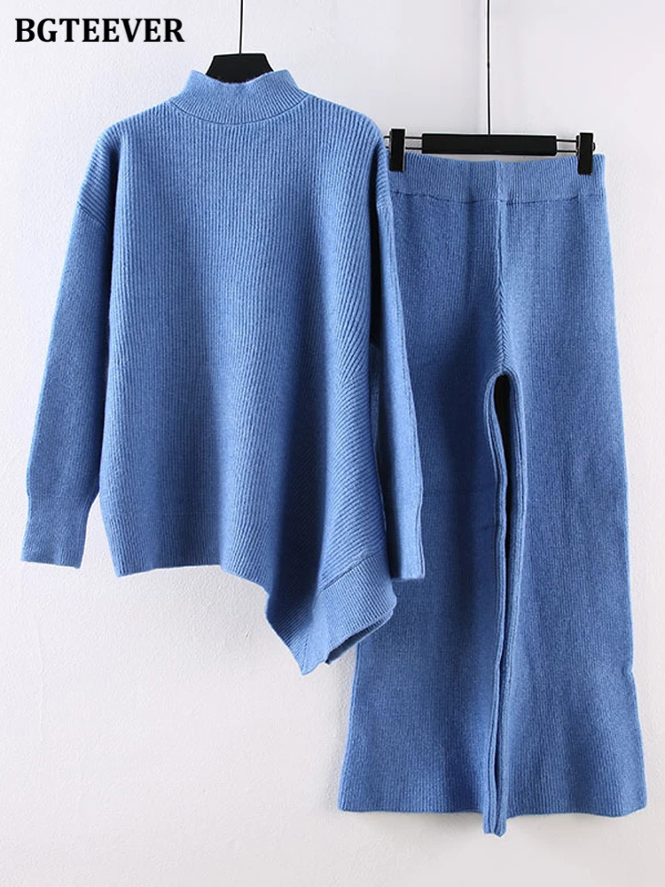 

BGTEEVER Autumn Winter Warm Sweater Set Women Full Sleeve Irregular Pullovers & Wide Leg Trousers Two Pieces Knitted Set Female