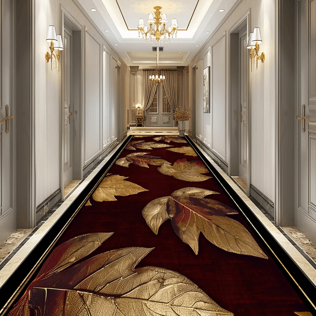 Luxury 3D Golden Leaf Pattern Long Corridor Carpet Room Decoration Hallway  Rug Non-slip Hotel Runner Carpets Stairway Floor Mat 4