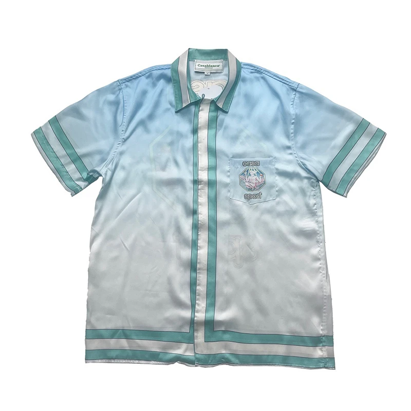 

New High Quality Gradient Blue Casablanca Silk Shirt Men Women Top Quality Short Sleeve Hawaii Beach Shirts