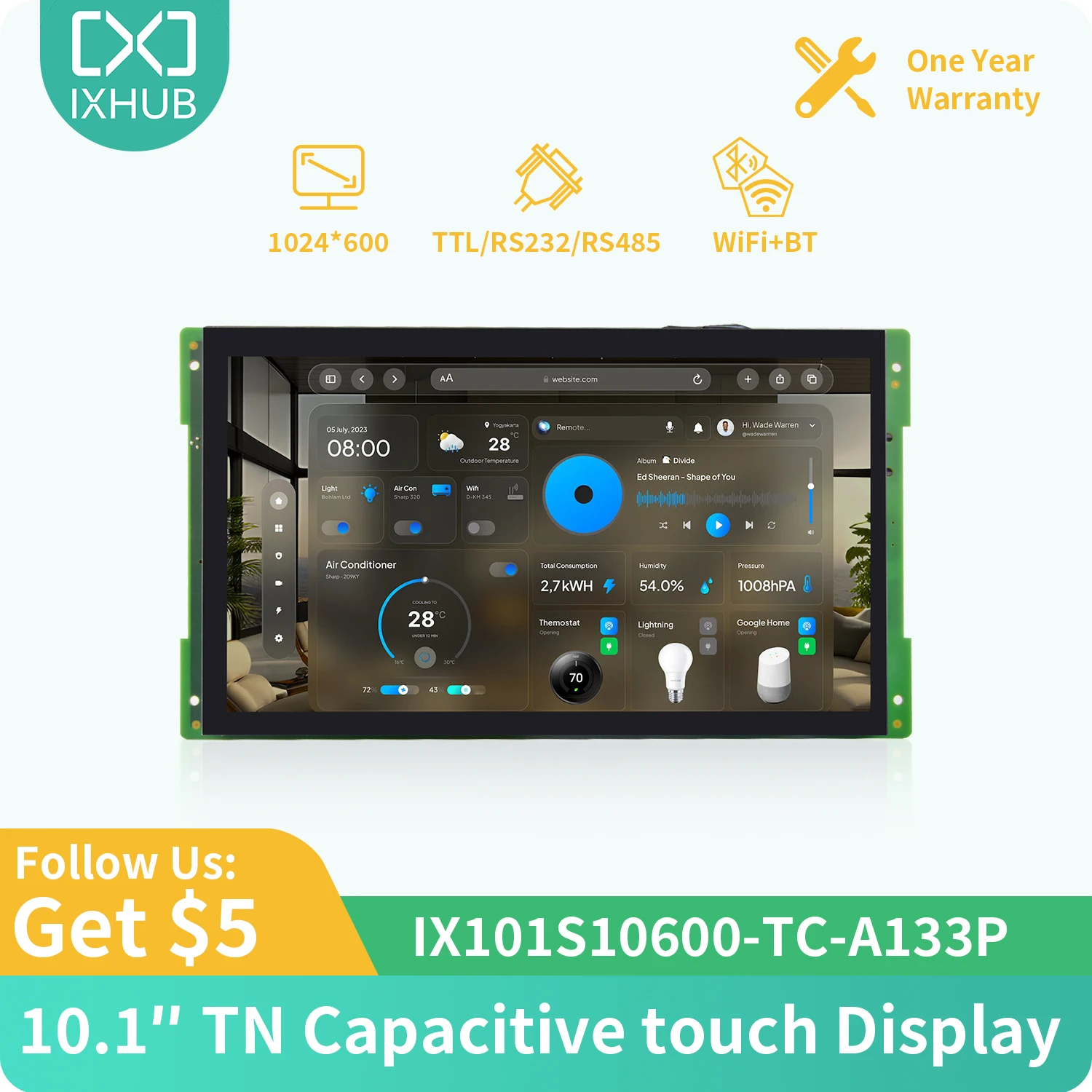 

IXHUB 10.1 Inch 1024*600 Android Intelligent Display Commercial Grade Wide Viewing Angle Capacitive TN TFT LCD Module PK dwin