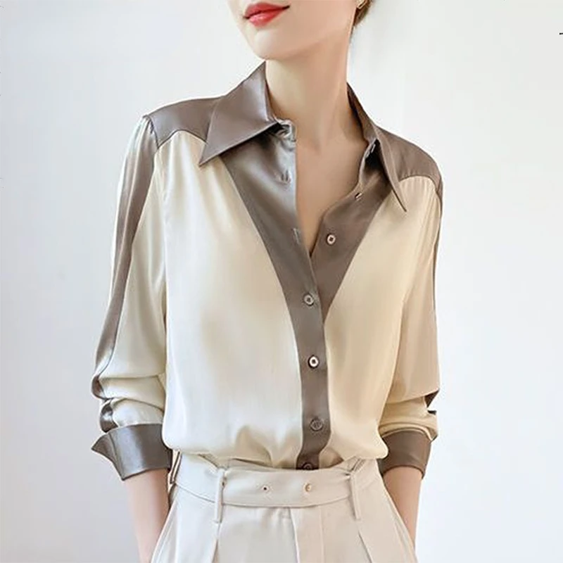 

Gray and White Stain Shirt Spring Summer Fashion Blouse 2023 Korean Style Elegant Shirt Women Long Sleeve Turn Down Collar Shirt