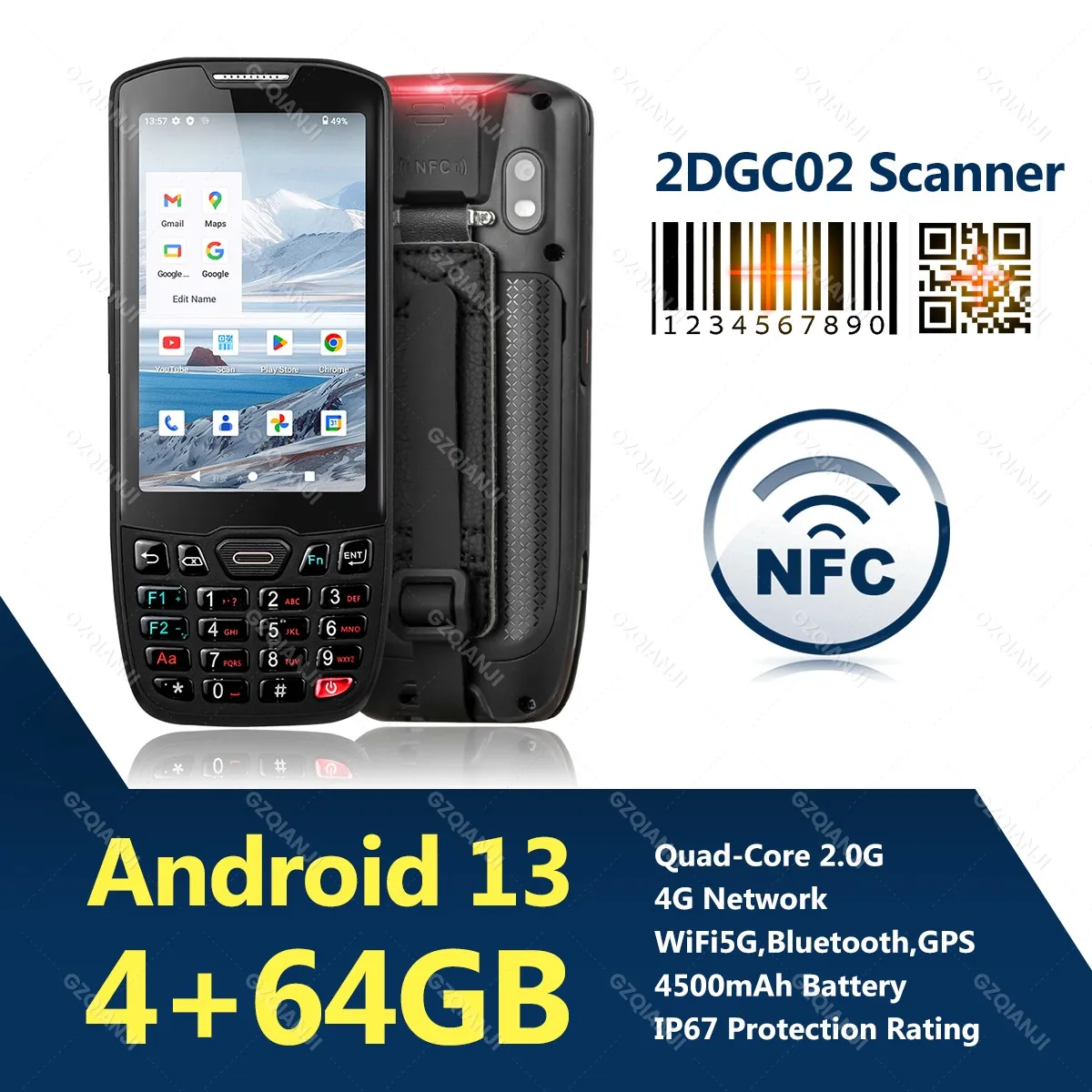 バーコードスキャナー,Android 13,4GB 64GB,1D,2D,QR,Qualcomm