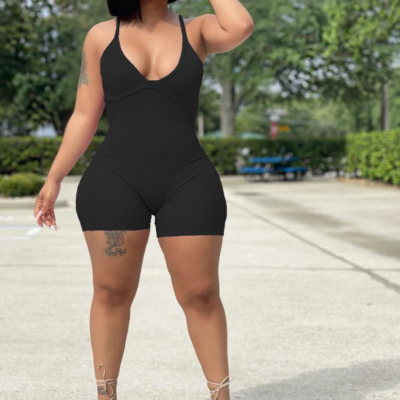

BKLD 5 Solid Colors V Neck Jumpsuit Shorts Outdoor Casual Clothing Sling High Waist Workout Fittness Rib Skinny Women's Playsuit