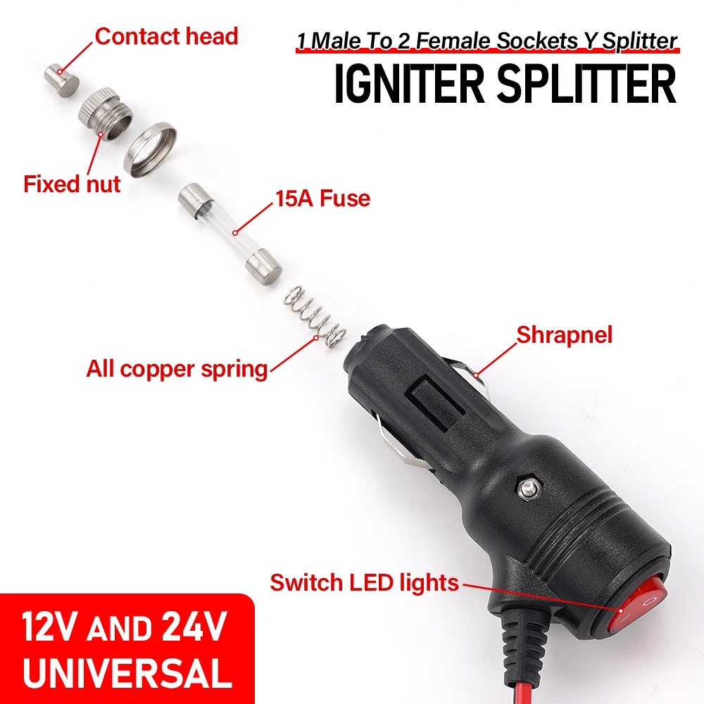 Cigarette Lighter Splitter Universal Adapter On Off Switch Car Cigarette Lighter 1 Male To 2 Female Sockets Y Splitter