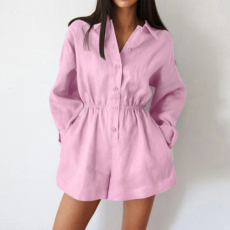 

Simple Casual Solid Color Cotton Short Jumpsuits Women Spring Turn-down Collar Button Rompers Autumn Long Sleeve Pocket Overalls