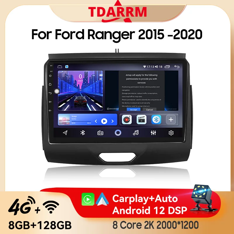 

2Din Car Autoradio Multimedia Carplay Android12 For Ford Ranger 2015-2020 4G Wireles Bluetooth Navigation GPS Video Stero Player