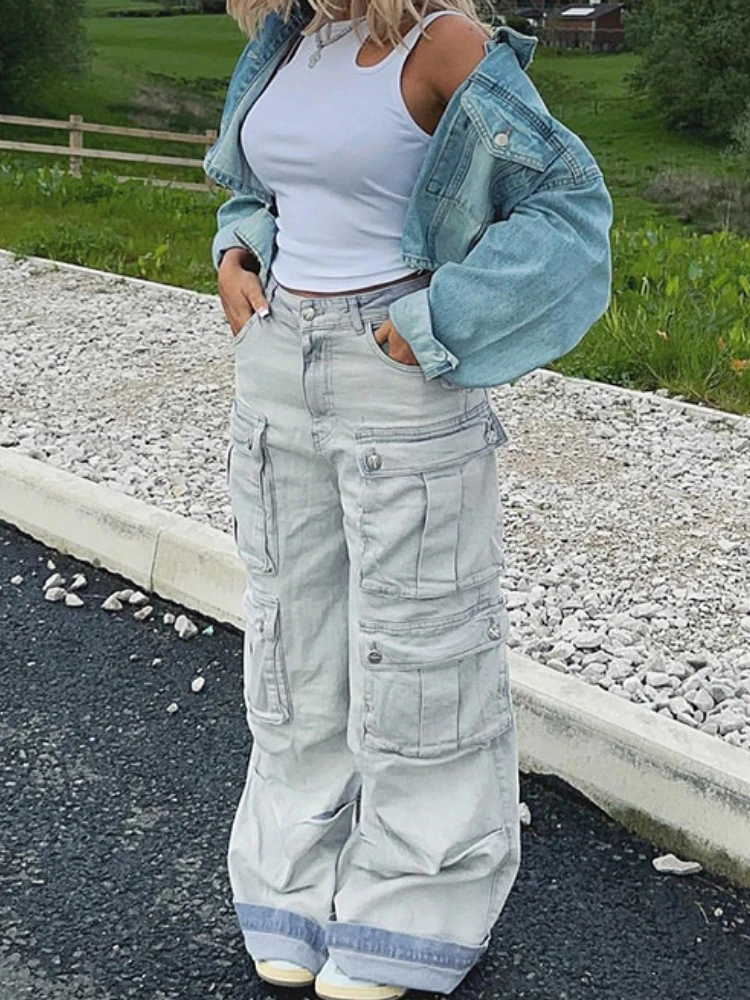 

WeiYao Vintage Baggy Jeans Woman High Waist Stitch Bule Denim Trouser Casual Streetwear Straight Cargo Pants More Than A Pockets