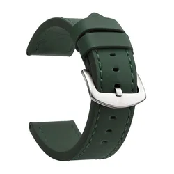 Vintage Leather Sport Watch Band with Stainless Steel Buckle - 22mm (Army Green Silver)
