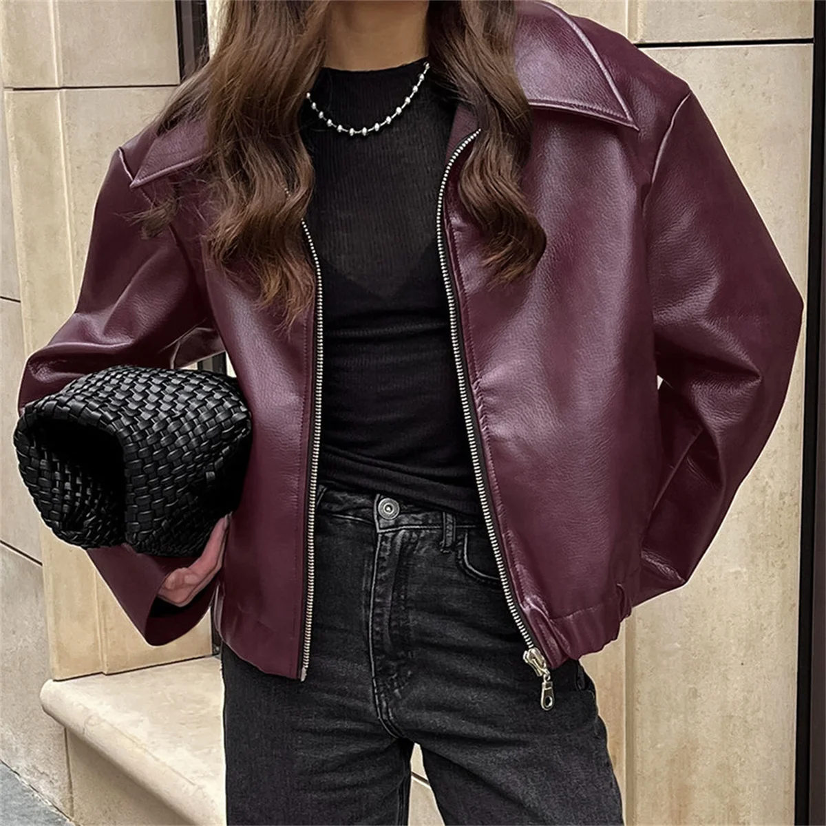 Women Vintage Wine Red Faux Leather Jakcet Fashion Outerwear Zipper Lapel Pu Coats Autumn Winter Streetwear Ladies Short Tops
