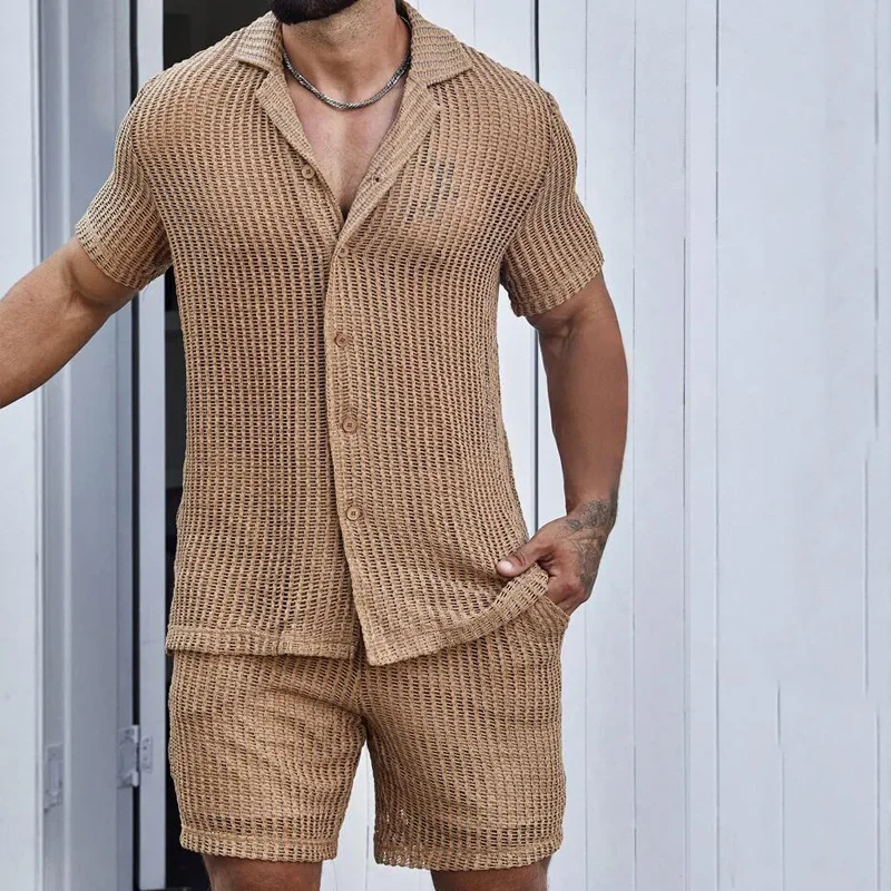 Men's Suits Solid Color Lapel Short Sleeved Shirt Summer Shorts Casual Fashion Two-piece Set for Men 3