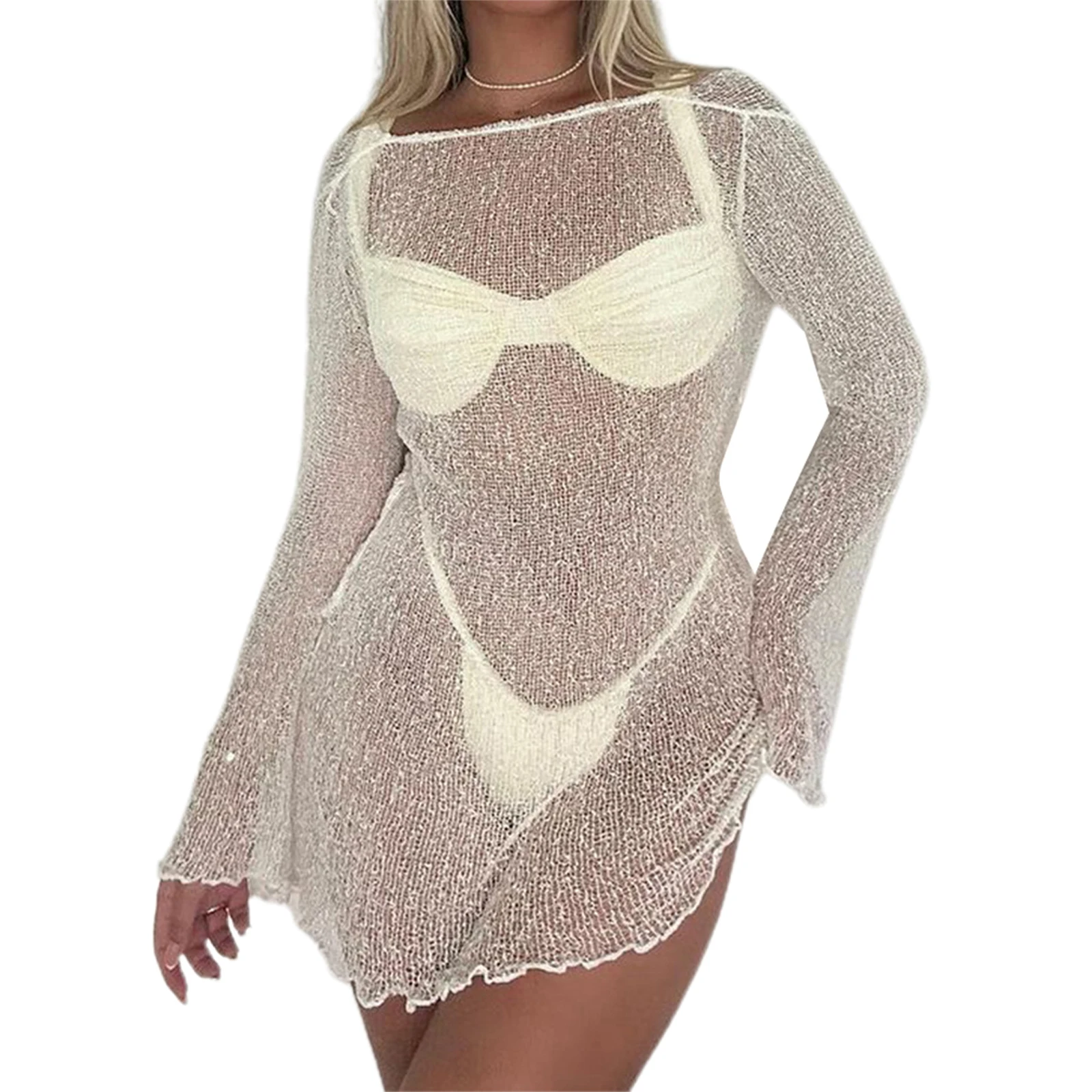 Yiiciovy Women Bikini Cover-Ups Sexy Ladies See-Through Long Sleeve Backless Beach Knitted Mini Dress Swimwear Sunscreen Dresses 6