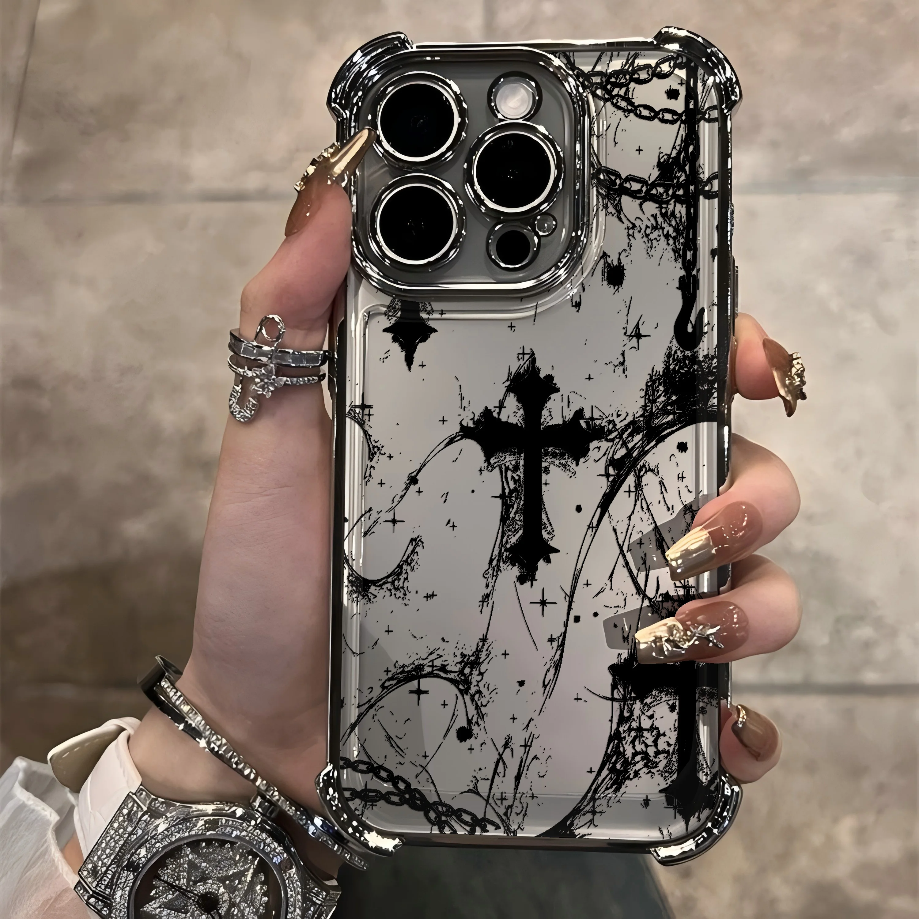 Cool Dark Gothic Cross Mark Line Plating Phone Case For IPhone 17 16e 16 15 14 13 12 11 Pro Max X XR XSMax 7 8 Mini Air Plus
