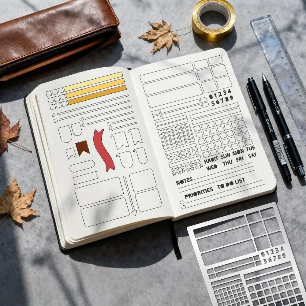 빈티지 스테인리스 스틸 템플릿 자, DIY 북마크 자, 휴대용 양면 템플릿 플래너 스텐실, 스크랩북용