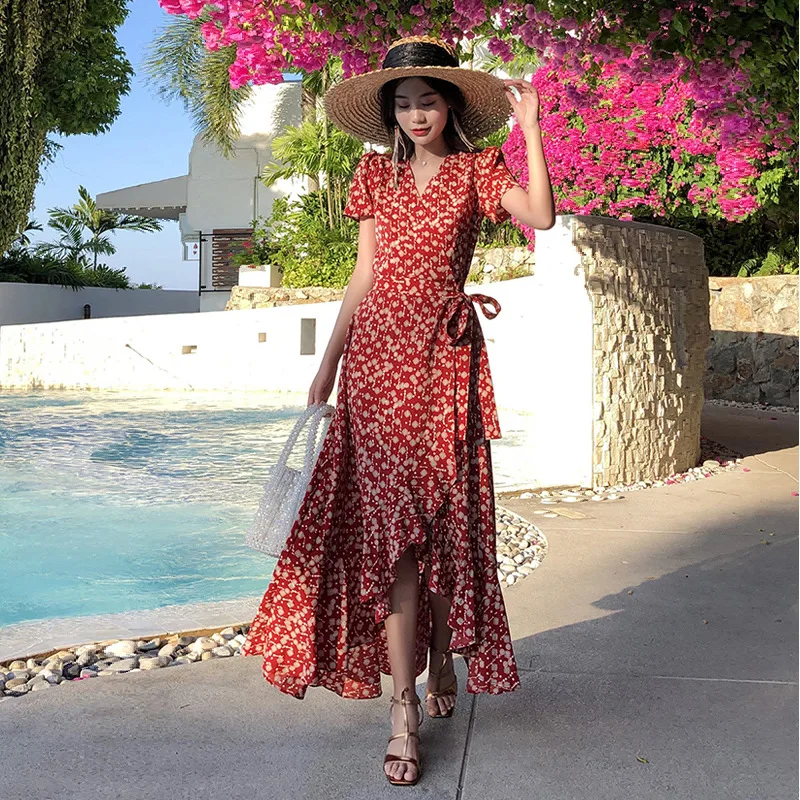 

Chiffon Floral Dress Women's 2024 Summer New Long Irregular Lace-up Slimming Temperament French Beach Travel Holiday Dress