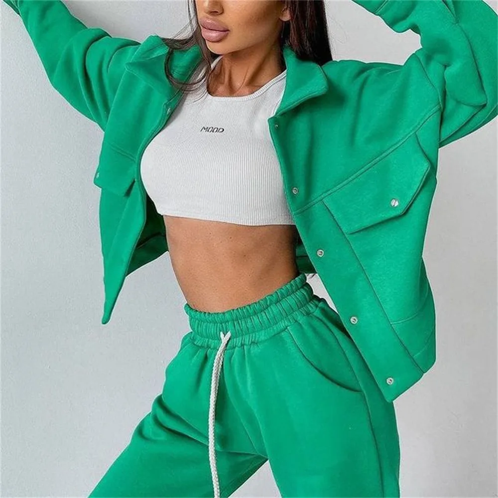 Autumn Winter Jackets Women Clothes Long Sleeve Turn Down Collar Button Pockets Coats and Sport Pants Casual Solid Two Piece Set