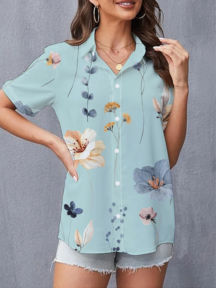 

Summer women's fashionable and comfortable lapel short-sleeved shirt small fresh flower 3D digital printing women's shirt