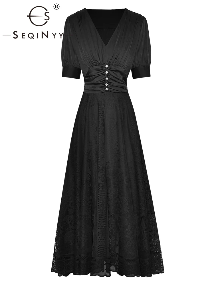 

SEQINYY Black Midi Dress Summer Spring New Fashion Design Women Runway Short Sleeve Beading Spliced Lace Office Lady Casual