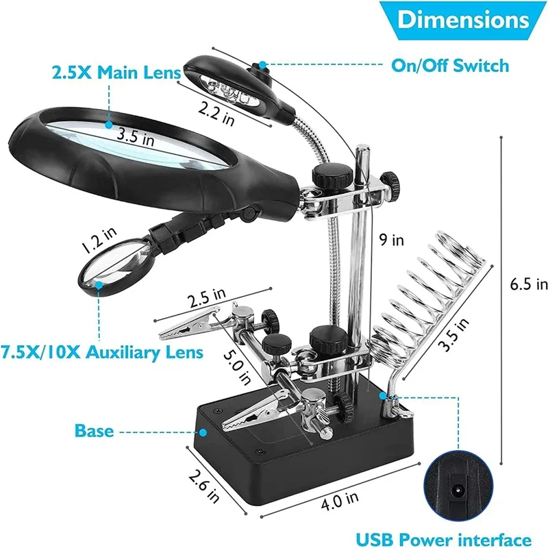 Hand Soldering Iron Stand 3 Welding Tool Magnifying Glass Illuminated LED Alligator Clip Holder Clamp Helping Repair