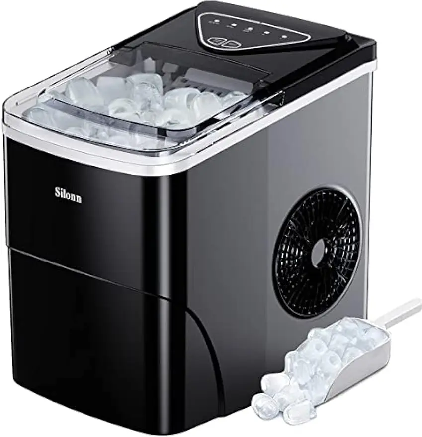 

Silonn Ice Maker Countertop, 9 Cubes Ready in 6 Mins, 26lbs in 24Hrs, Self-Cleaning Ice Machine 2 Sizes of Bullet Ice