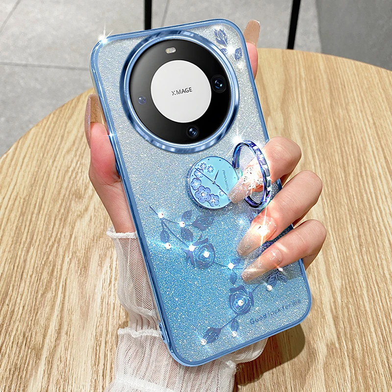 

Phone Case for Huawei Mate 60 Mate 60 Pro Luxury Plating Bling Glitter Flower With Diamond Holder Lanyard Phone Case Cover